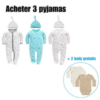 Pack 3 Barboteuse-Pyjama + chapeau LUCA™⎮Fermeture Zippés double sens Wol Bos